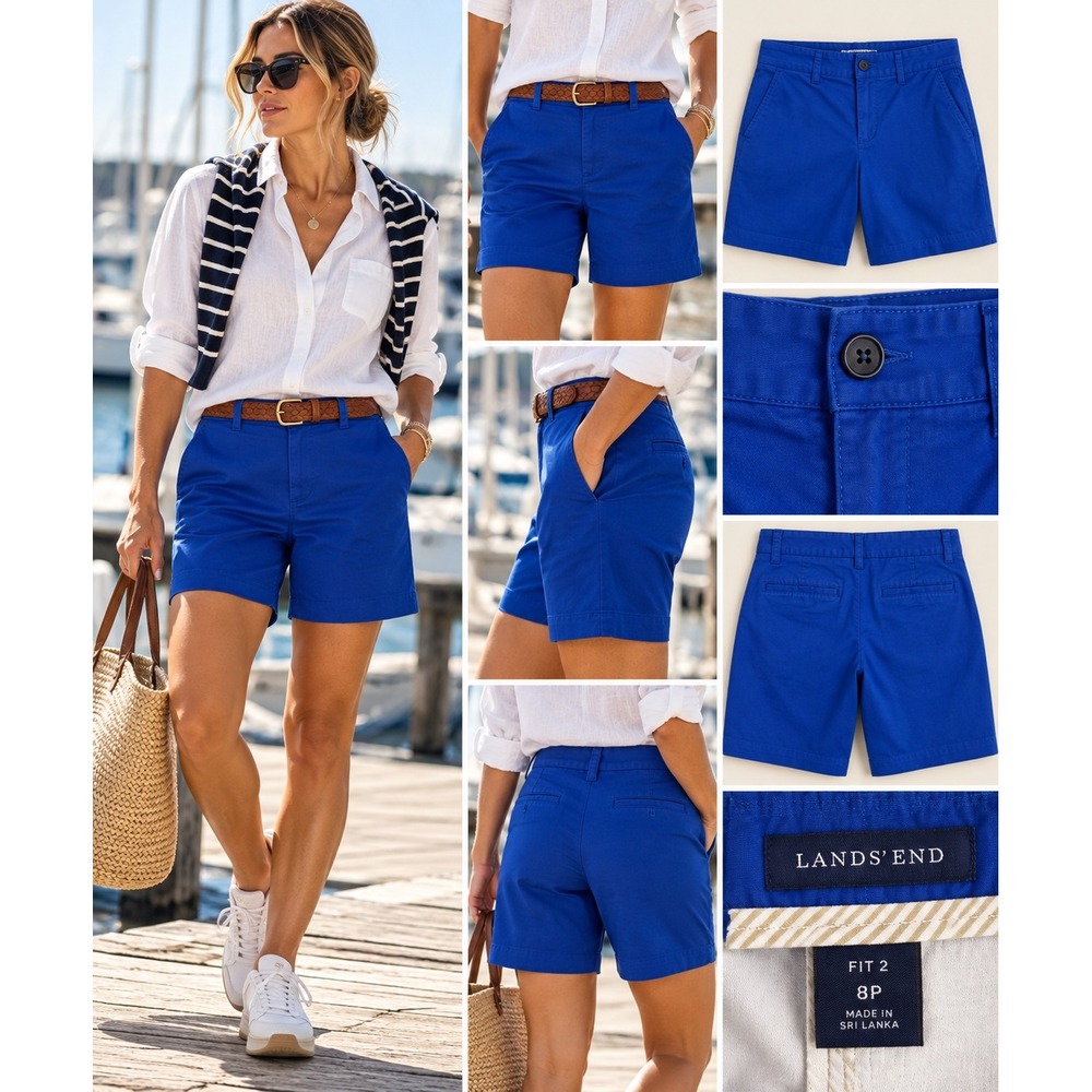 Lands End Chino Shorts Womens 8P Blue Excellent Fit 2 Stretch Mid Rise 427926